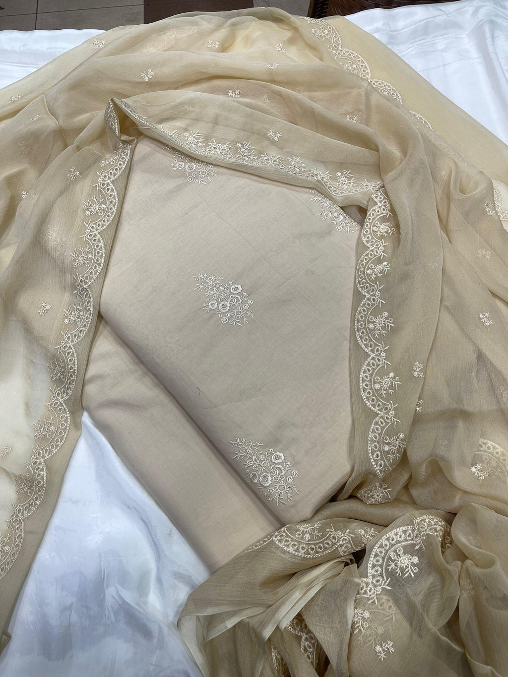 3 Pc Suit Pure Tana Dora Lawn Shirt Full Embroidered With Double Side Cutwork Style Border Dupatta