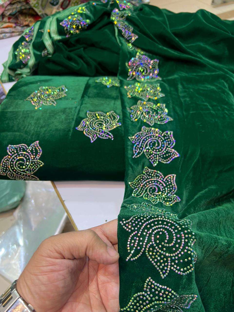 Trending Multi Jacko Original Stone Work Shirt with Border Detailing & Velvet Shawl | Plain Velvet Shalwar