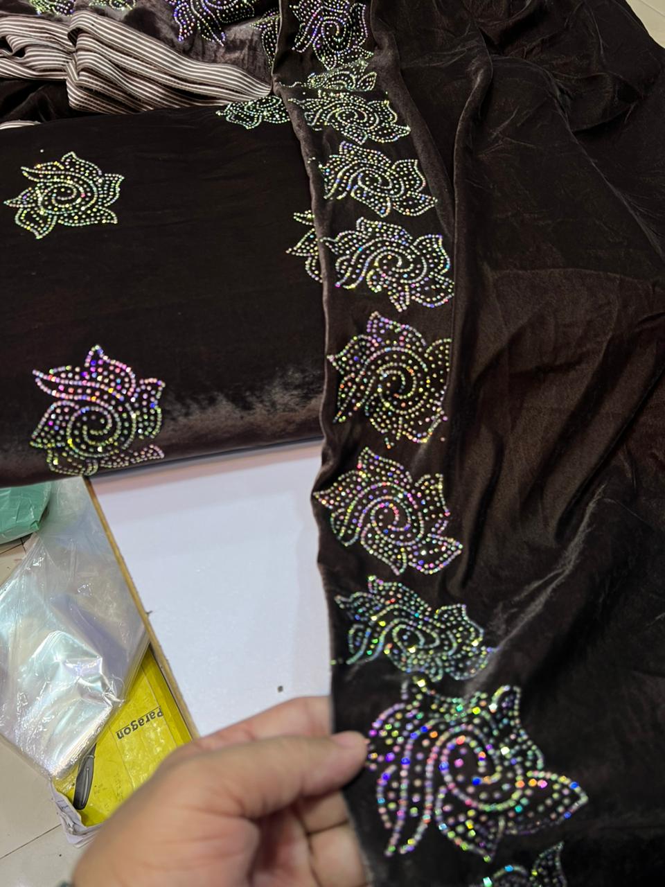 Trending Multi Jacko Original Stone Work Shirt with Border Detailing & Velvet Shawl | Plain Velvet Shalwar