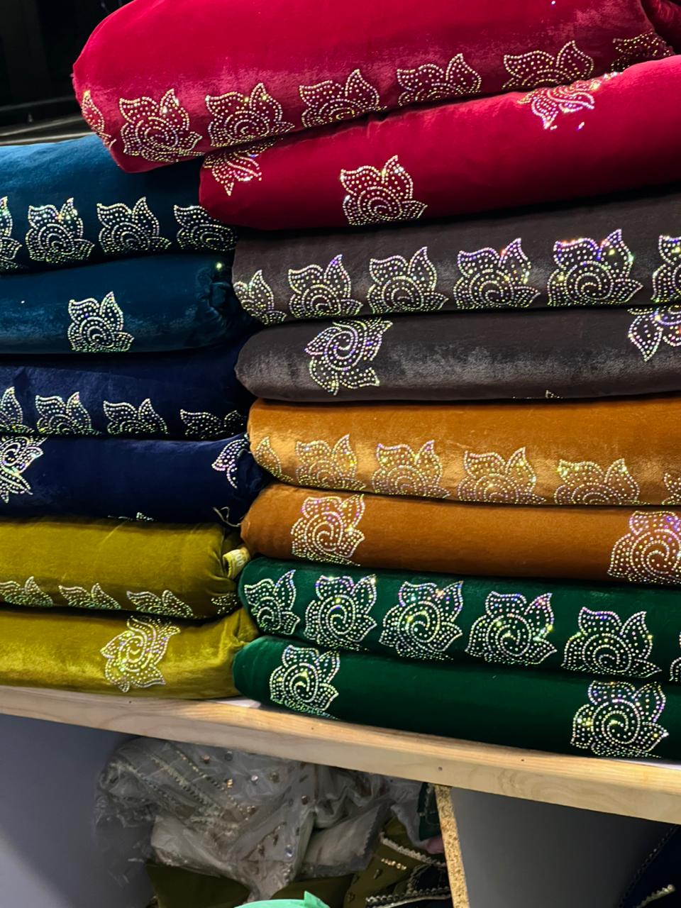 Trending Multi Jacko Original Stone Work Shirt with Border Detailing & Velvet Shawl | Plain Velvet Shalwar