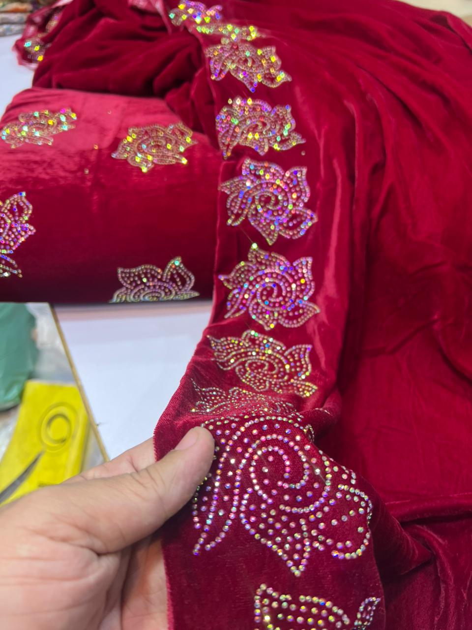 Trending Multi Jacko Original Stone Work Shirt with Border Detailing & Velvet Shawl | Plain Velvet Shalwar