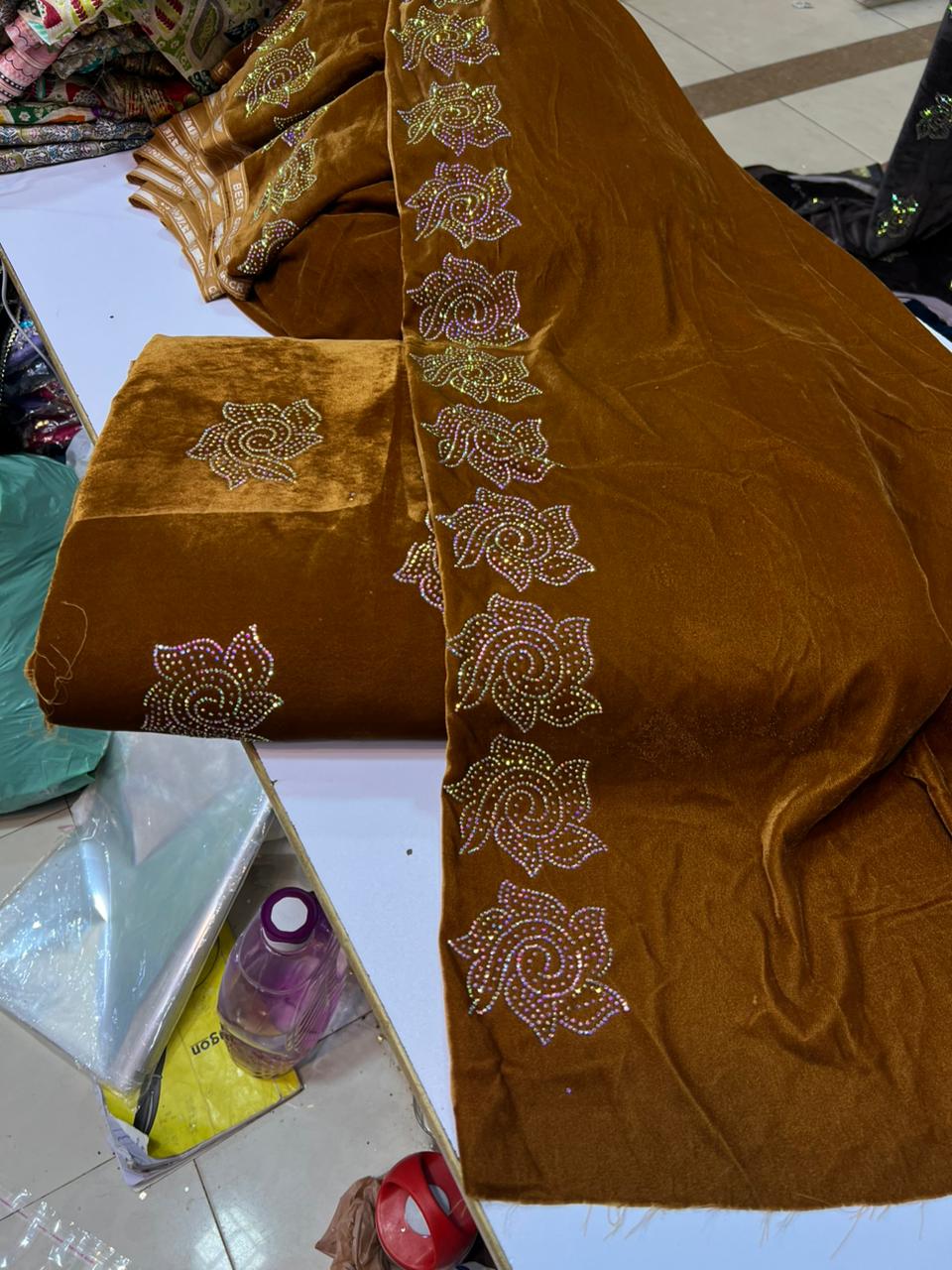 Trending Multi Jacko Original Stone Work Shirt with Border Detailing & Velvet Shawl | Plain Velvet Shalwar