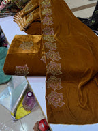 Trending Multi Jacko Original Stone Work Shirt with Border Detailing & Velvet Shawl | Plain Velvet Shalwar