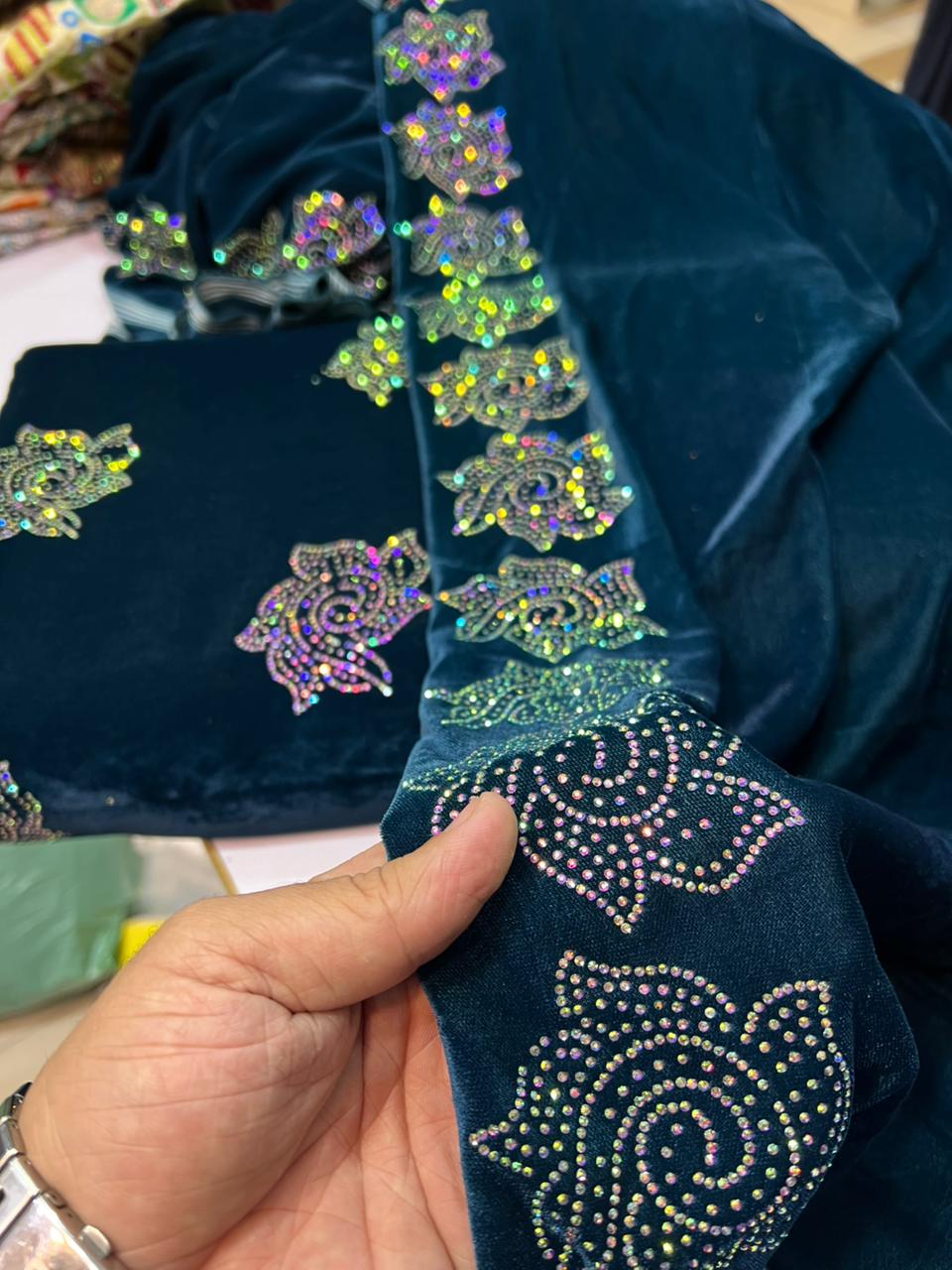 Trending Multi Jacko Original Stone Work Shirt with Border Detailing & Velvet Shawl | Plain Velvet Shalwar