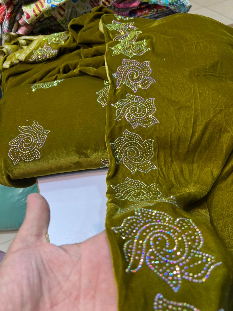 Trending Multi Jacko Original Stone Work Shirt with Border Detailing & Velvet Shawl | Plain Velvet Shalwar