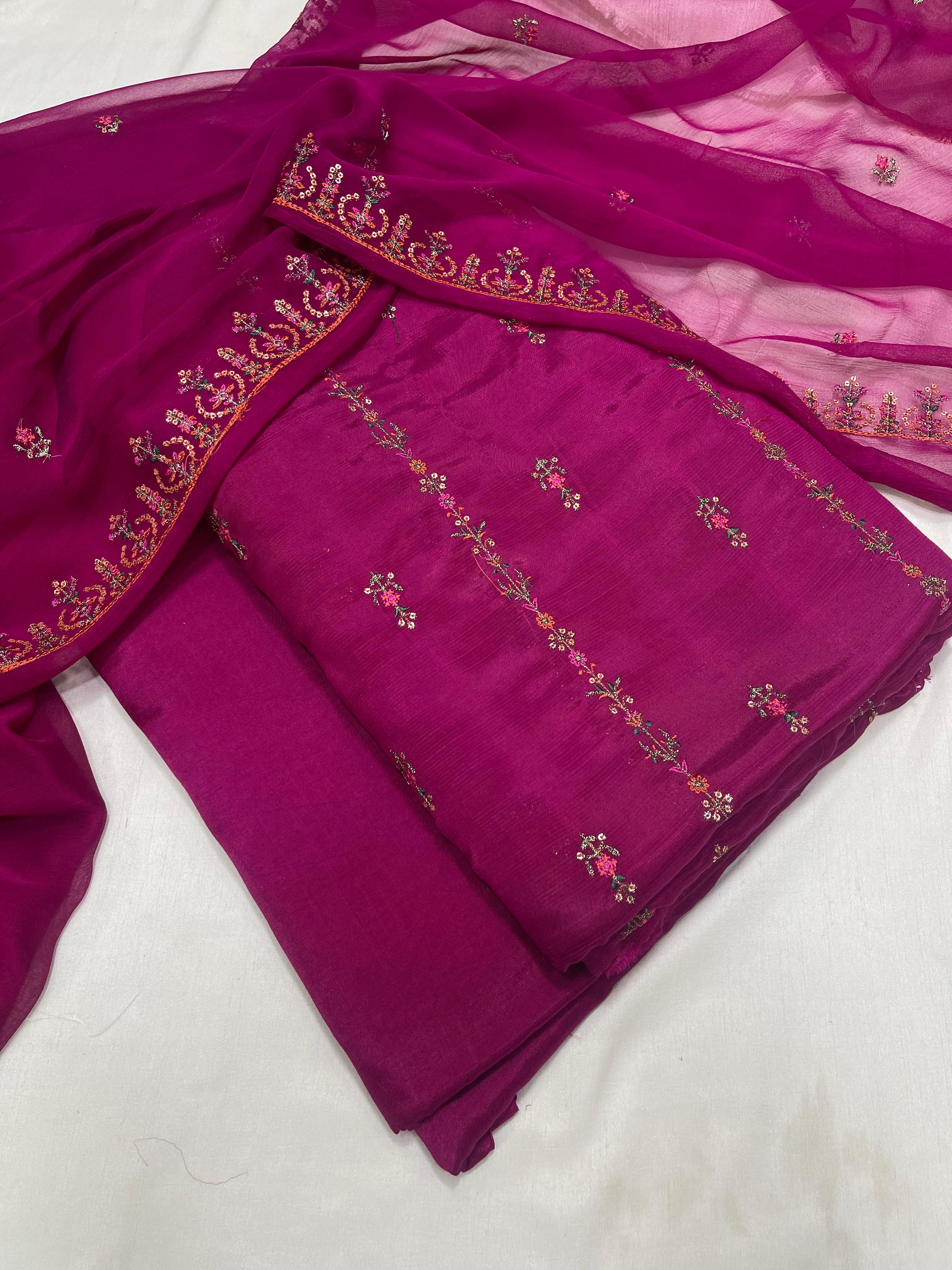 PK Cotton Rawsilk Embroidered 3-Pc Suit