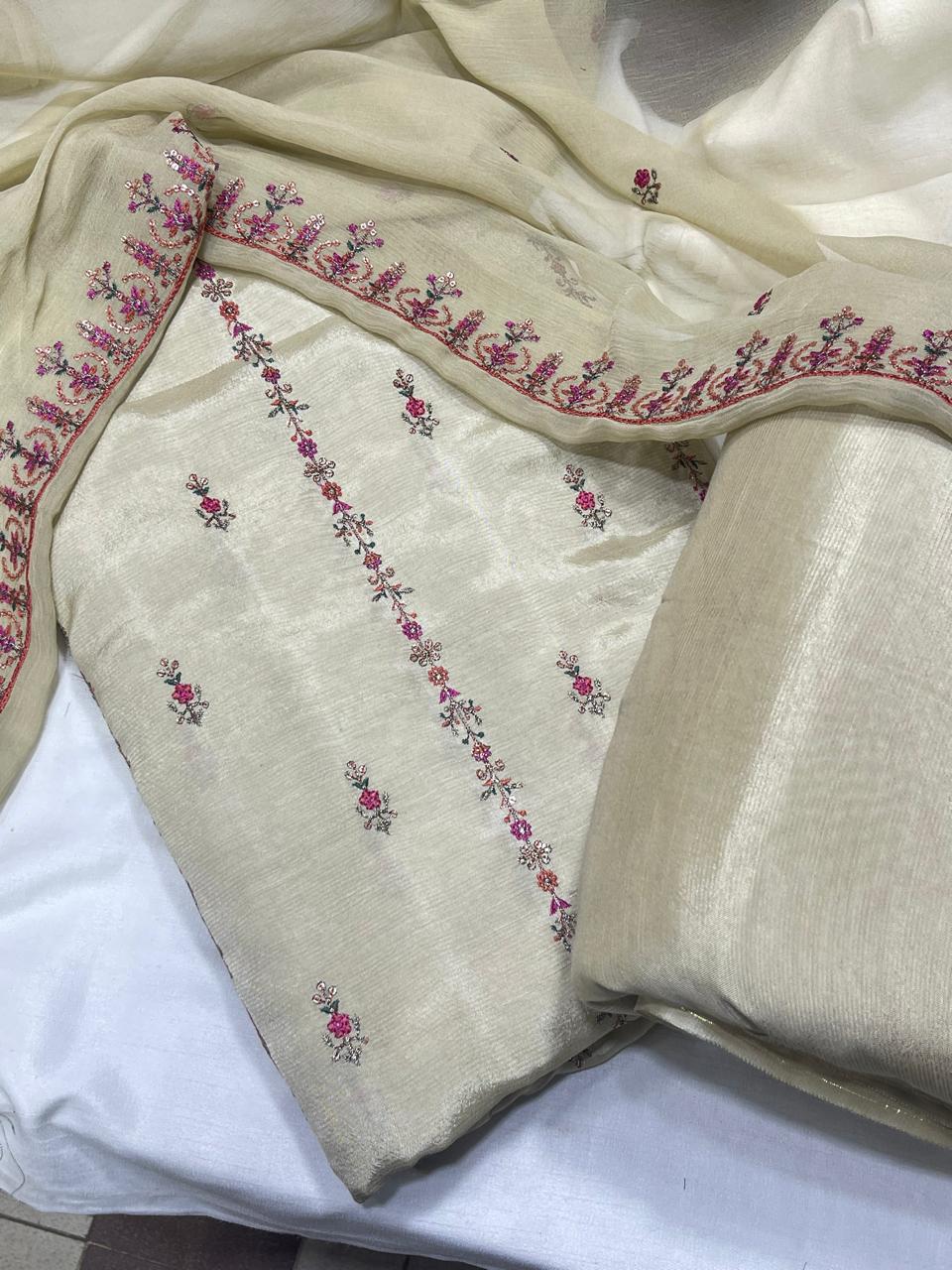 PK Cotton Rawsilk Embroidered 3-Pc Suit