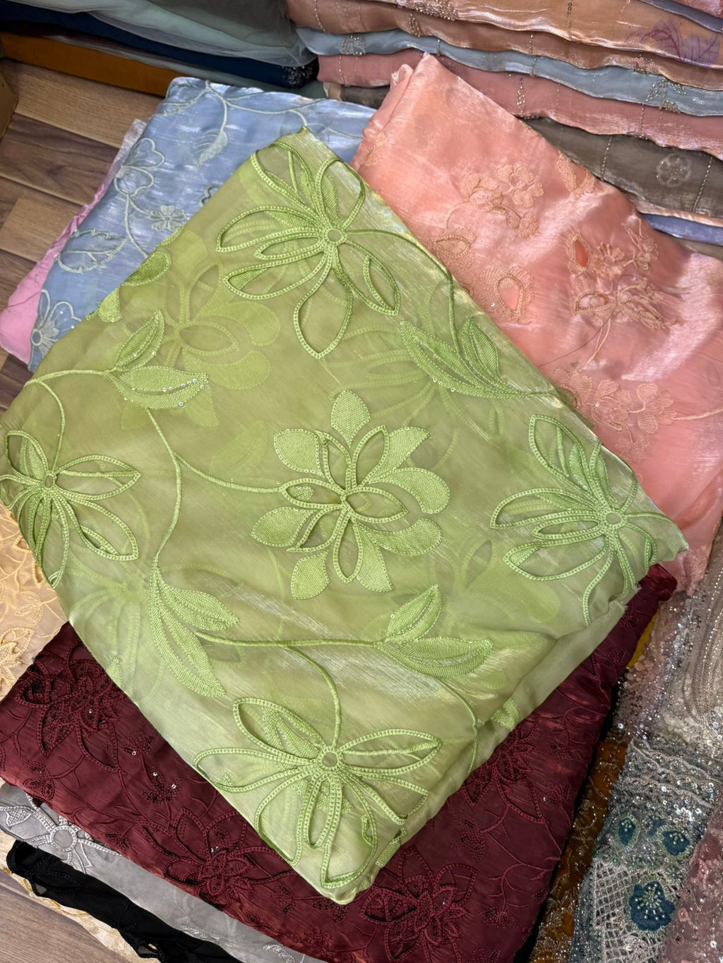 Korean Sheesha Silk Fabric, Cutwork Embroidered