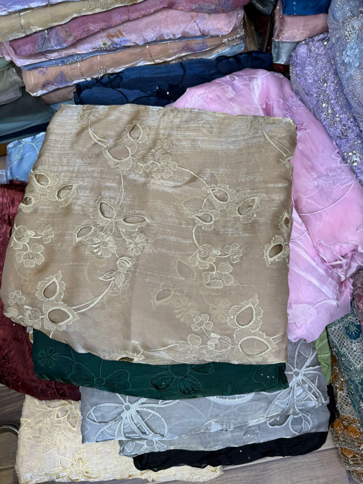 Korean Sheesha Silk Fabric, Cutwork Embroidered