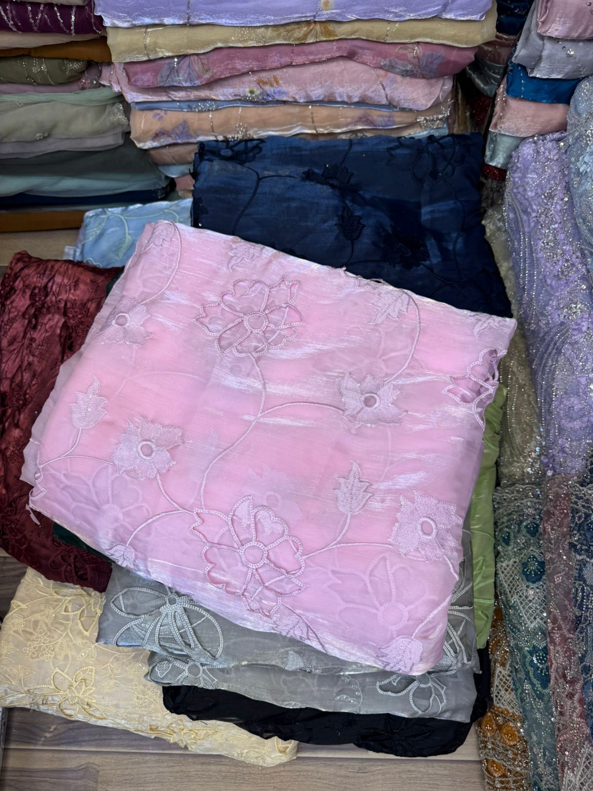 Korean Sheesha Silk Fabric, Cutwork Embroidered