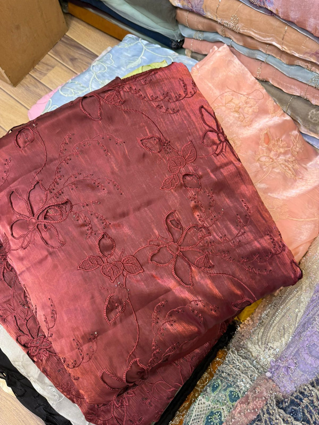 Korean Sheesha Silk Fabric, Cutwork Embroidered