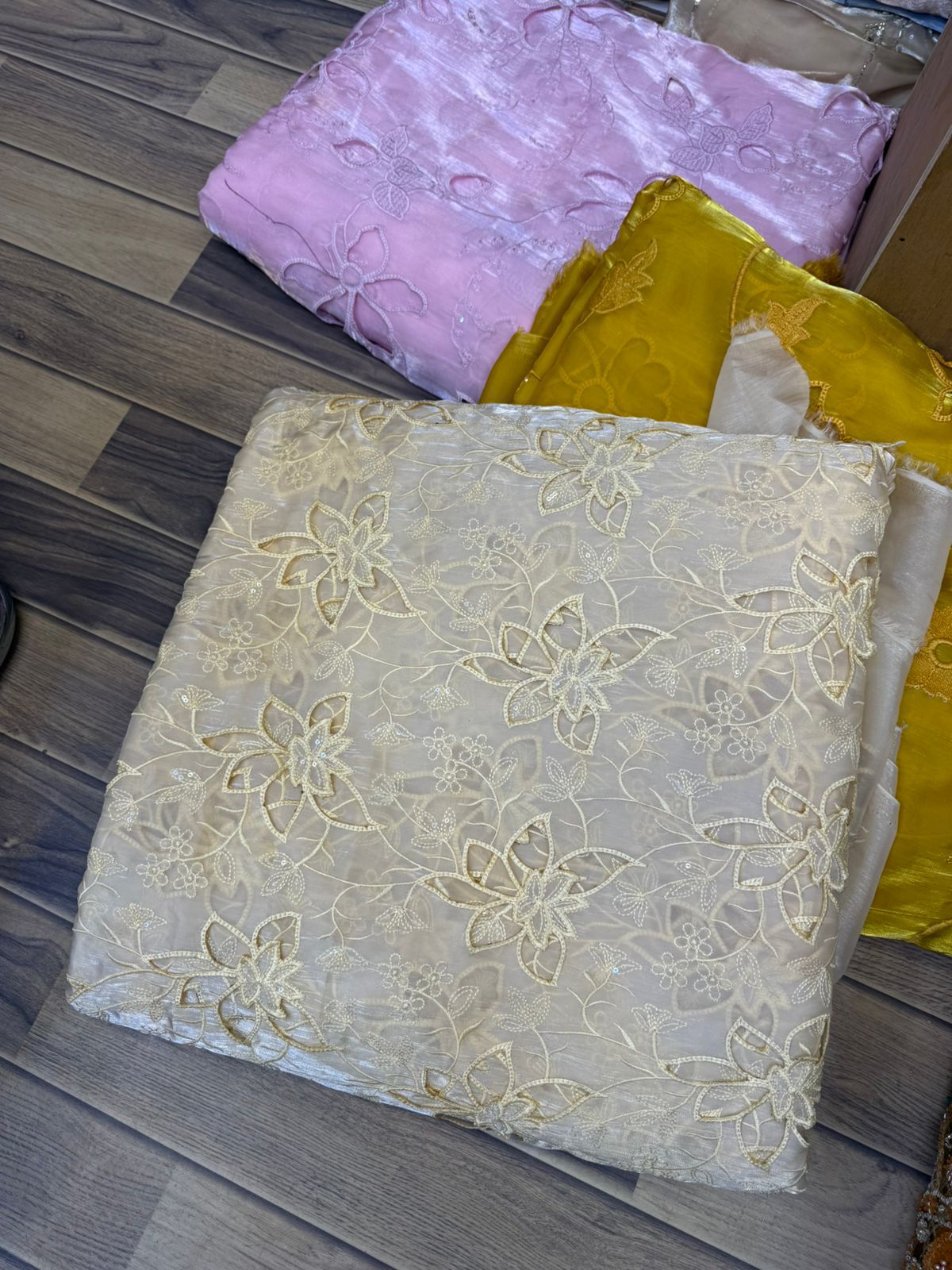 Korean Sheesha Silk Fabric, Cutwork Embroidered