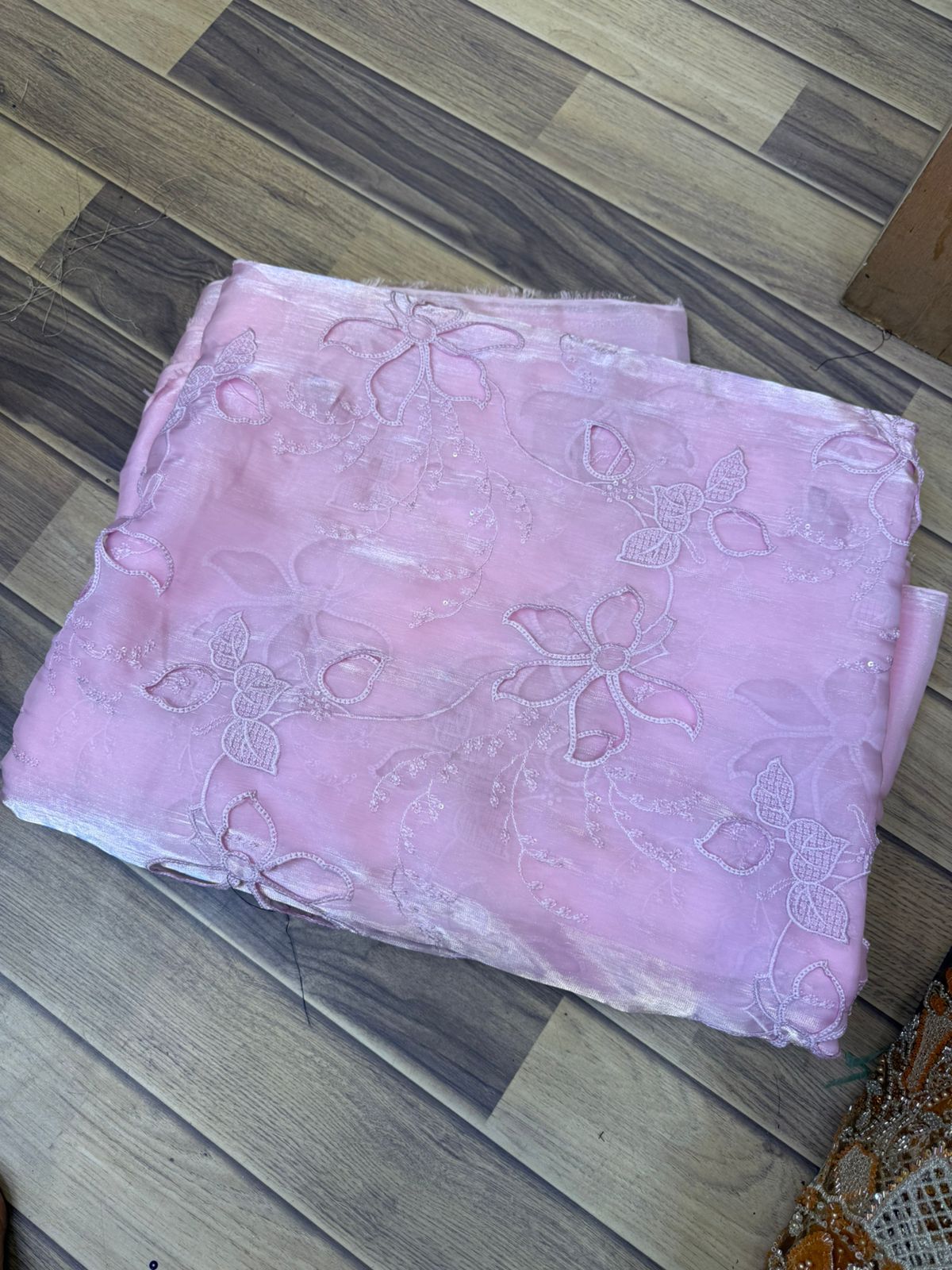 Korean Sheesha Silk Fabric, Cutwork Embroidered