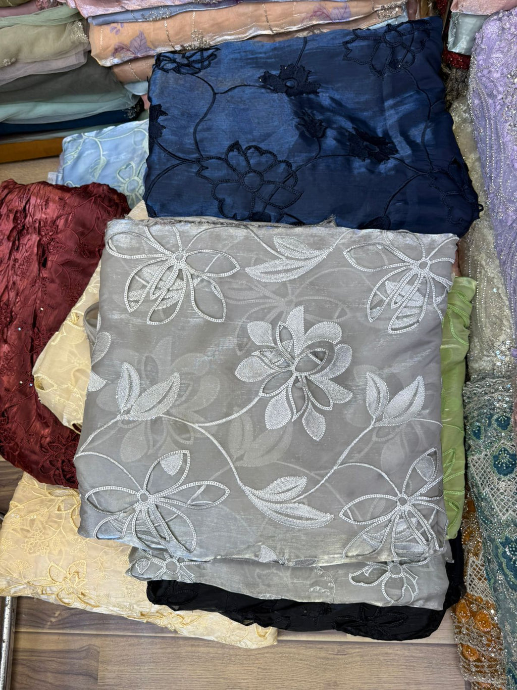 Korean Sheesha Silk Fabric, Cutwork Embroidered