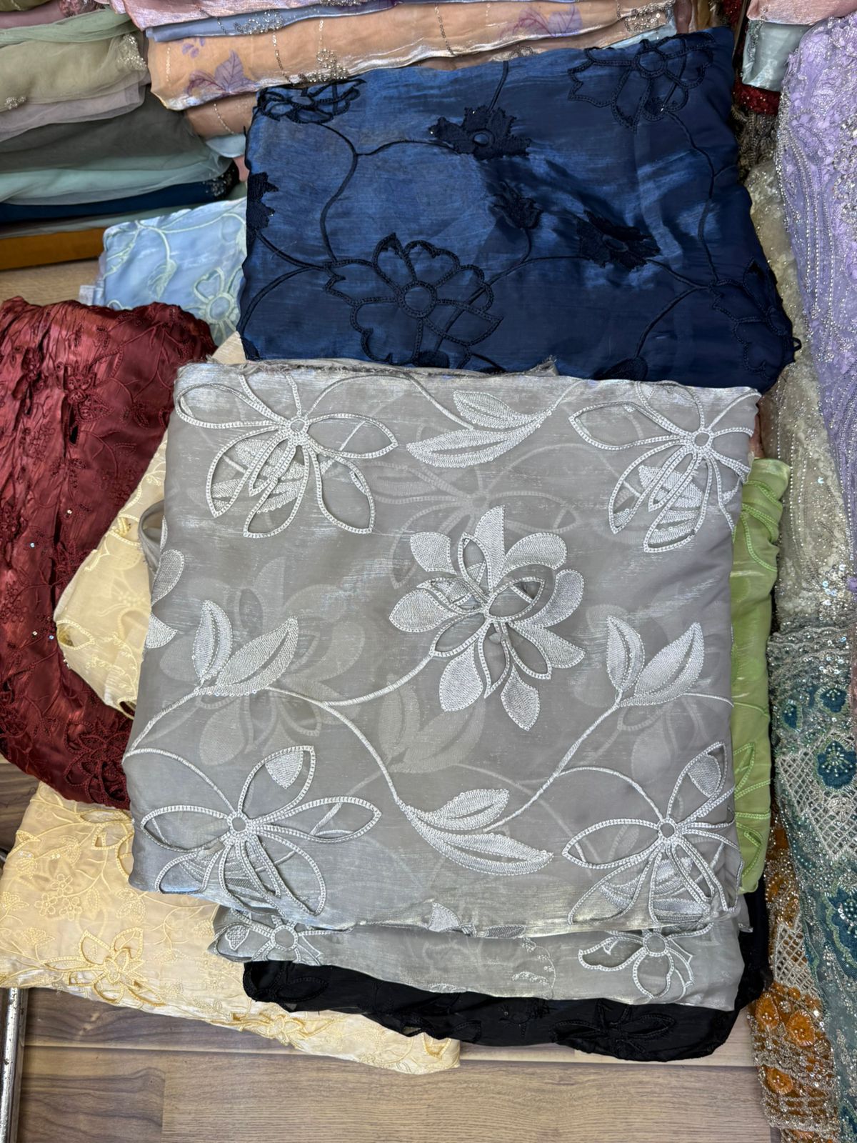 Korean Sheesha Silk Fabric, Cutwork Embroidered