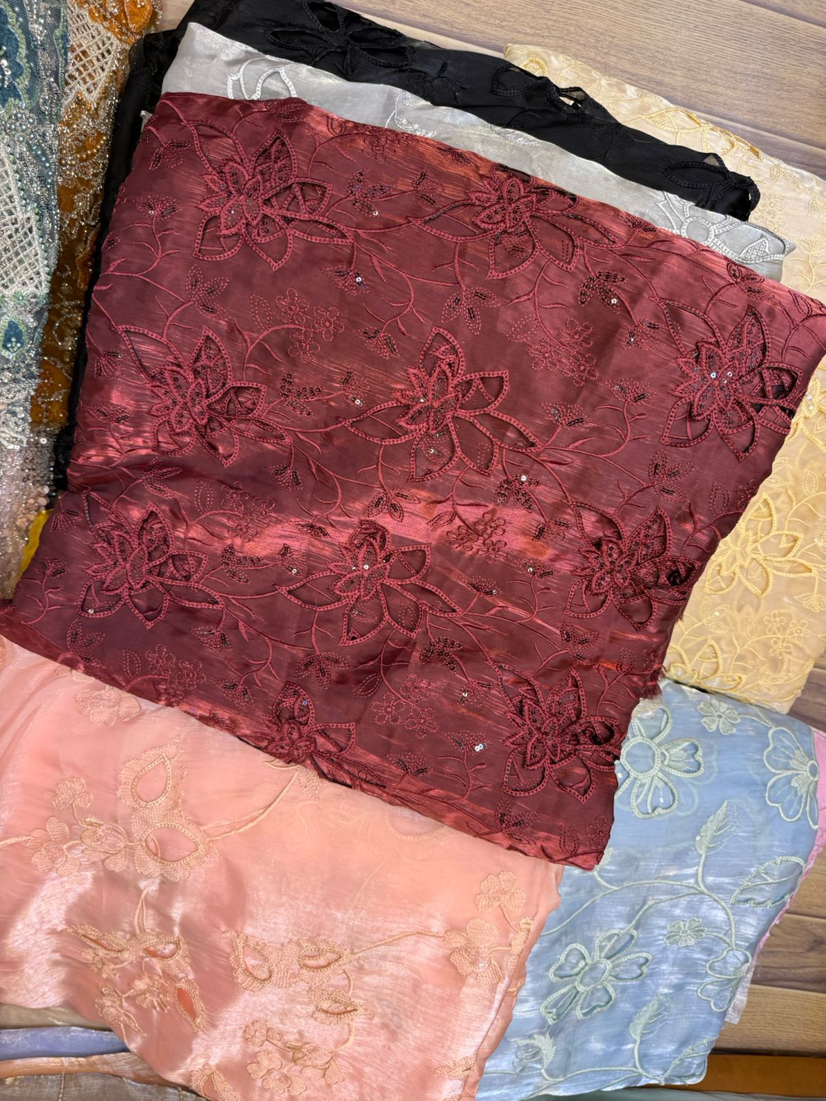 Korean Sheesha Silk Fabric, Cutwork Embroidered