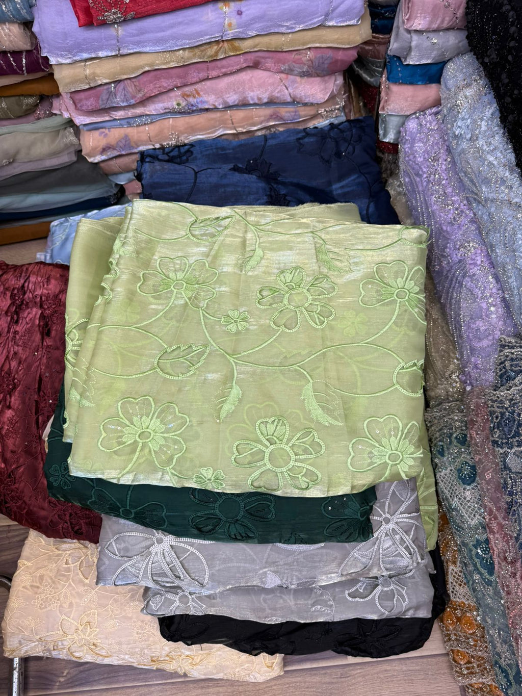 Korean Sheesha Silk Fabric, Cutwork Embroidered