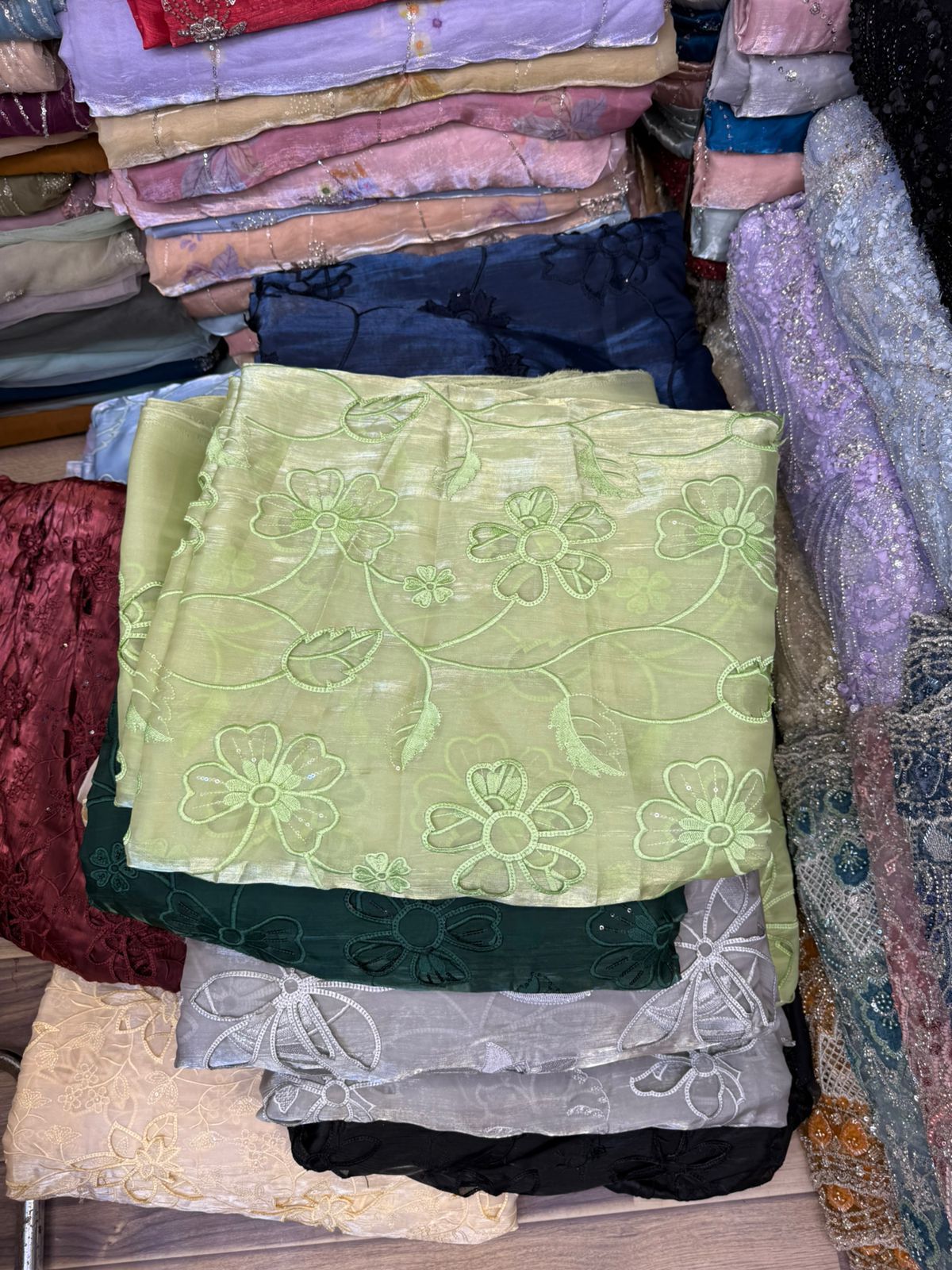 Korean Sheesha Silk Fabric, Cutwork Embroidered