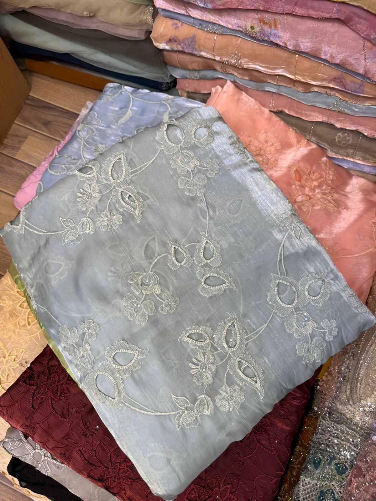 Korean Sheesha Silk Fabric, Cutwork Embroidered
