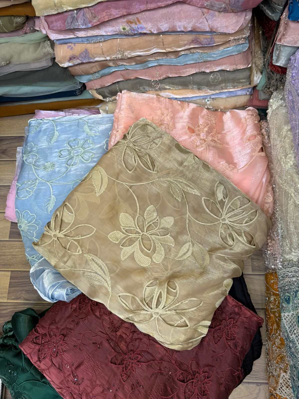 Korean Sheesha Silk Fabric, Cutwork Embroidered