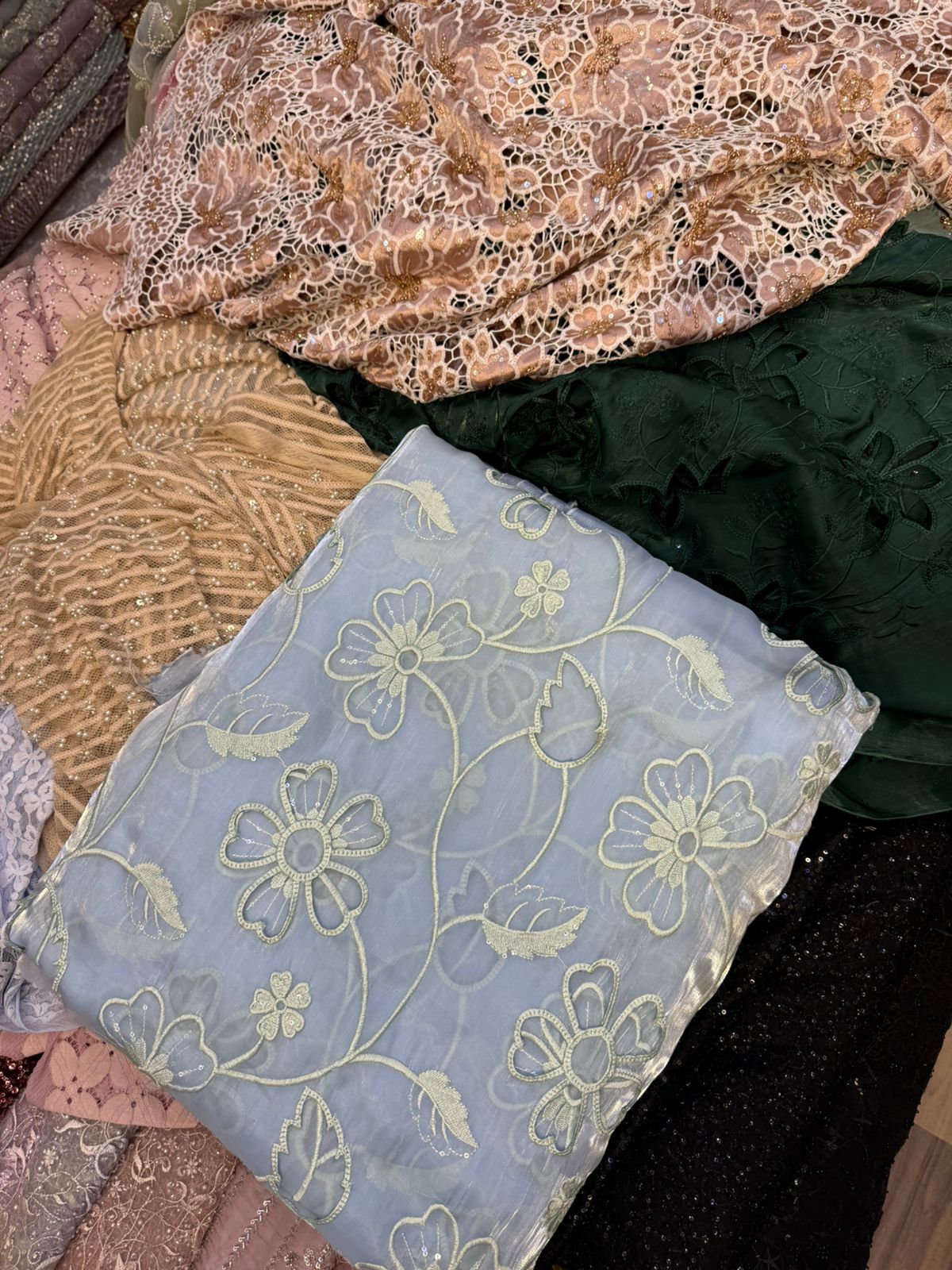 Korean Sheesha Silk Fabric, Cutwork Embroidered