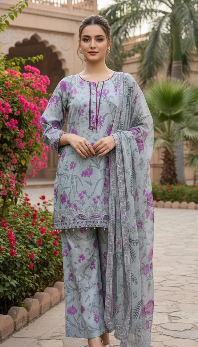 Embroidered Pure Lawn Shirt Embellished with Pearls With Plazzo & Embroidered Chiffon Dupatta
