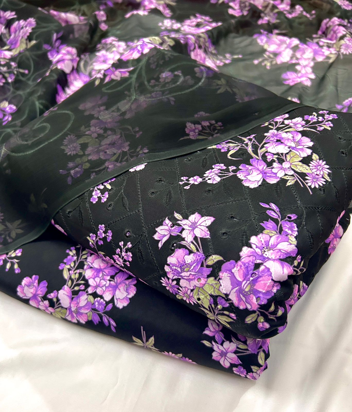 CHICKEN KARI SHIRT WITH PRINTED TROUSER & CHIFFON SOFT EMBROIDERY DUPATA