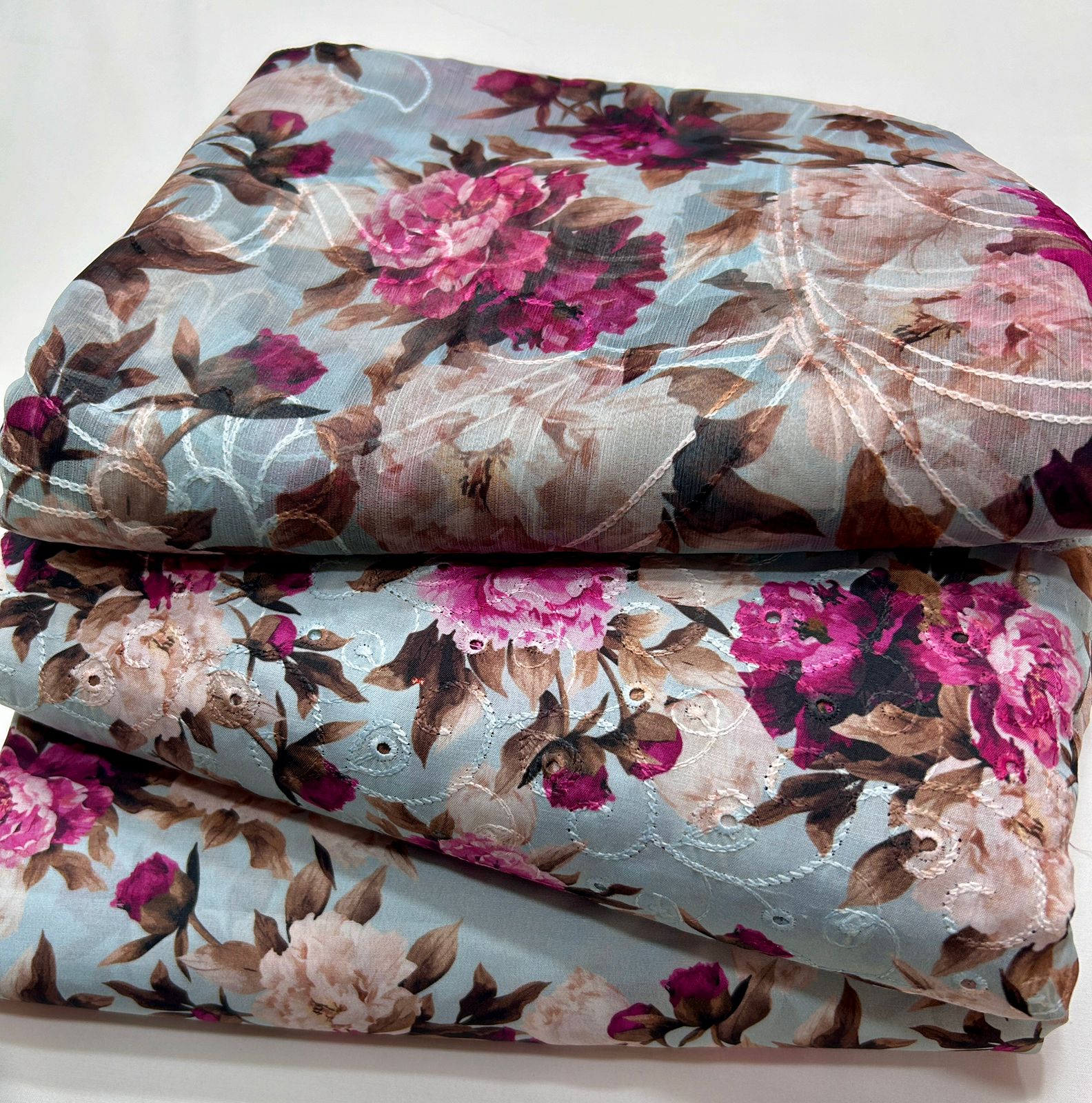 CHICKEN KARI SHIRT WITH PRINTED TROUSER & CHIFFON SOFT EMBROIDERY DUPATA