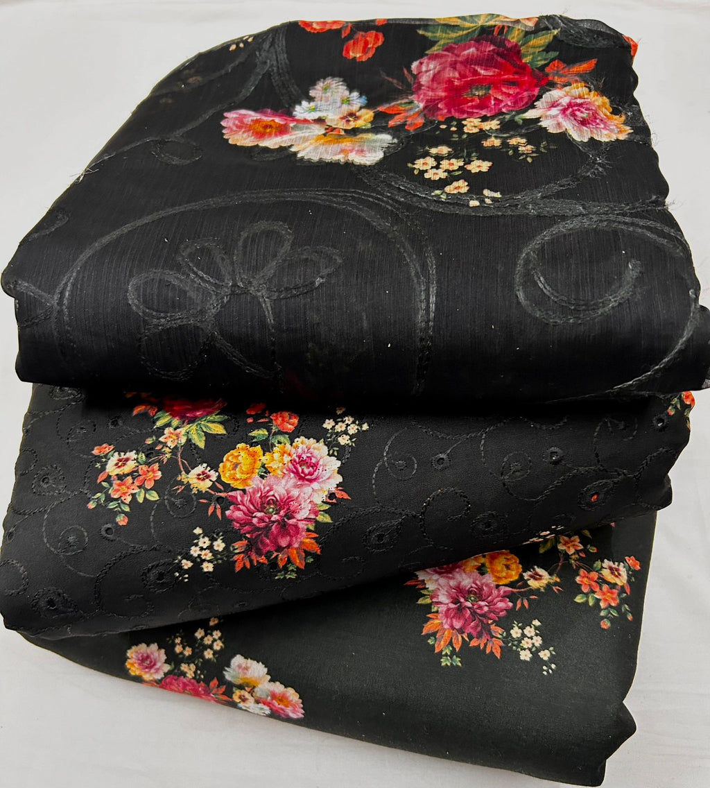 CHICKEN KARI SHIRT WITH PRINTED TROUSER & CHIFFON SOFT EMBROIDERY DUPATA