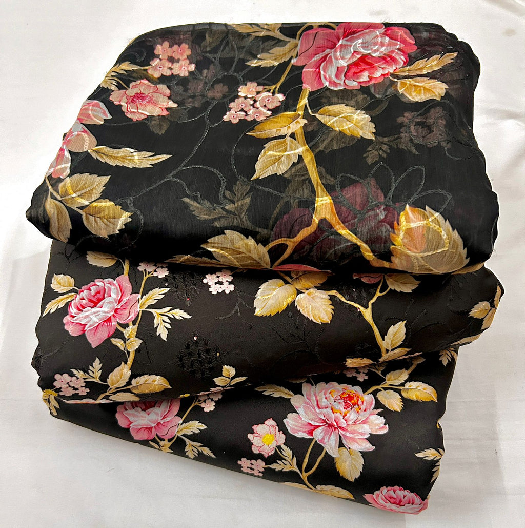 CHICKEN KARI SHIRT WITH PRINTED TROUSER & CHIFFON SOFT EMBROIDERY DUPATA