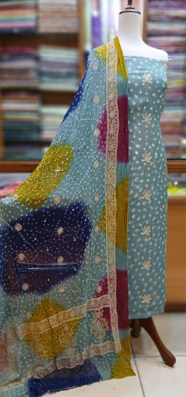 Bamber Chiffon Cross Stitch Embroidery With  Chundri Shirt Duppatta