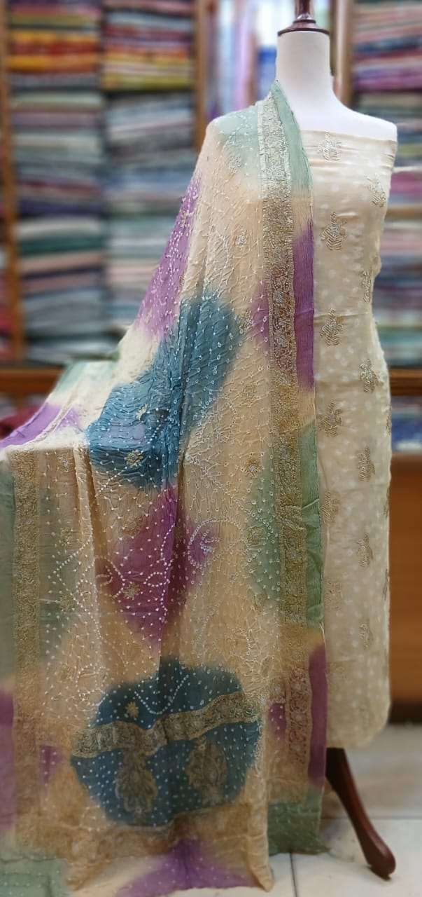 Bamber Chiffon Cross Stitch Embroidery With  Chundri Shirt Duppatta