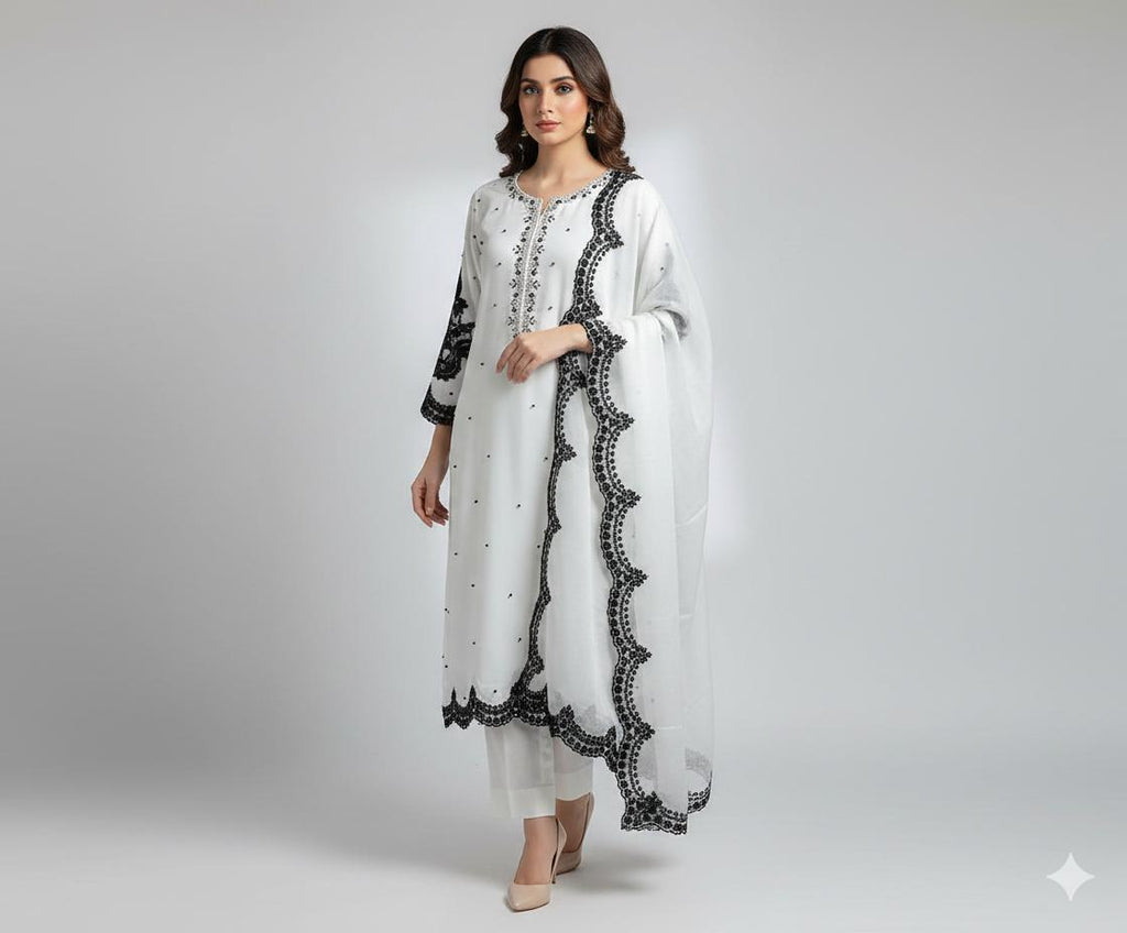 New Pure Chiffon Handwork Neckline Shirt with Embroidered Dupatta 3 Pcs