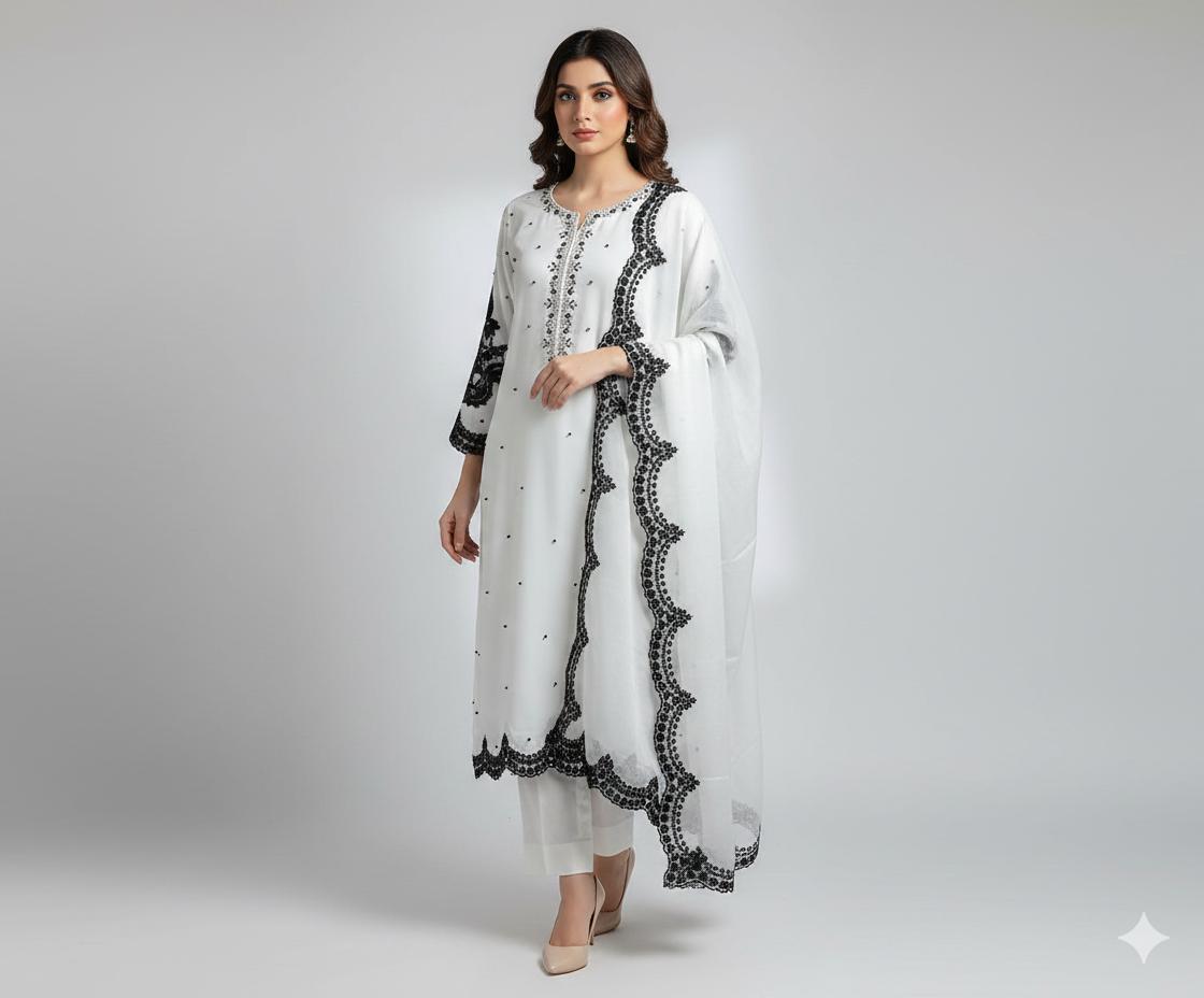 New Pure Chiffon Handwork Neckline Shirt with Embroidered Dupatta 3 Pcs