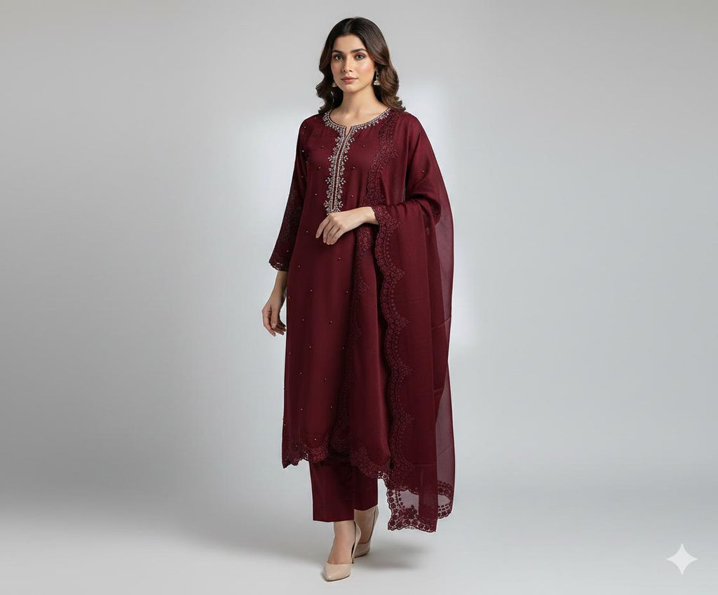 New Pure Chiffon Handwork Neckline Shirt with Embroidered Dupatta 3 Pcs