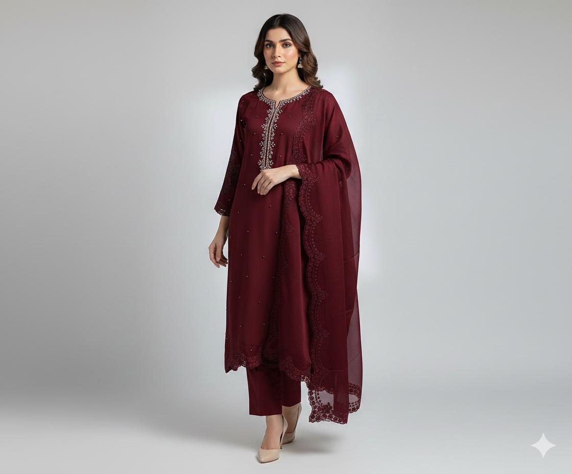 New Pure Chiffon Handwork Neckline Shirt with Embroidered Dupatta 3 Pcs