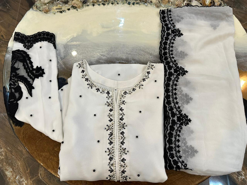 New Pure Chiffon Handwork Neckline Shirt with Embroidered Dupatta 3 Pcs