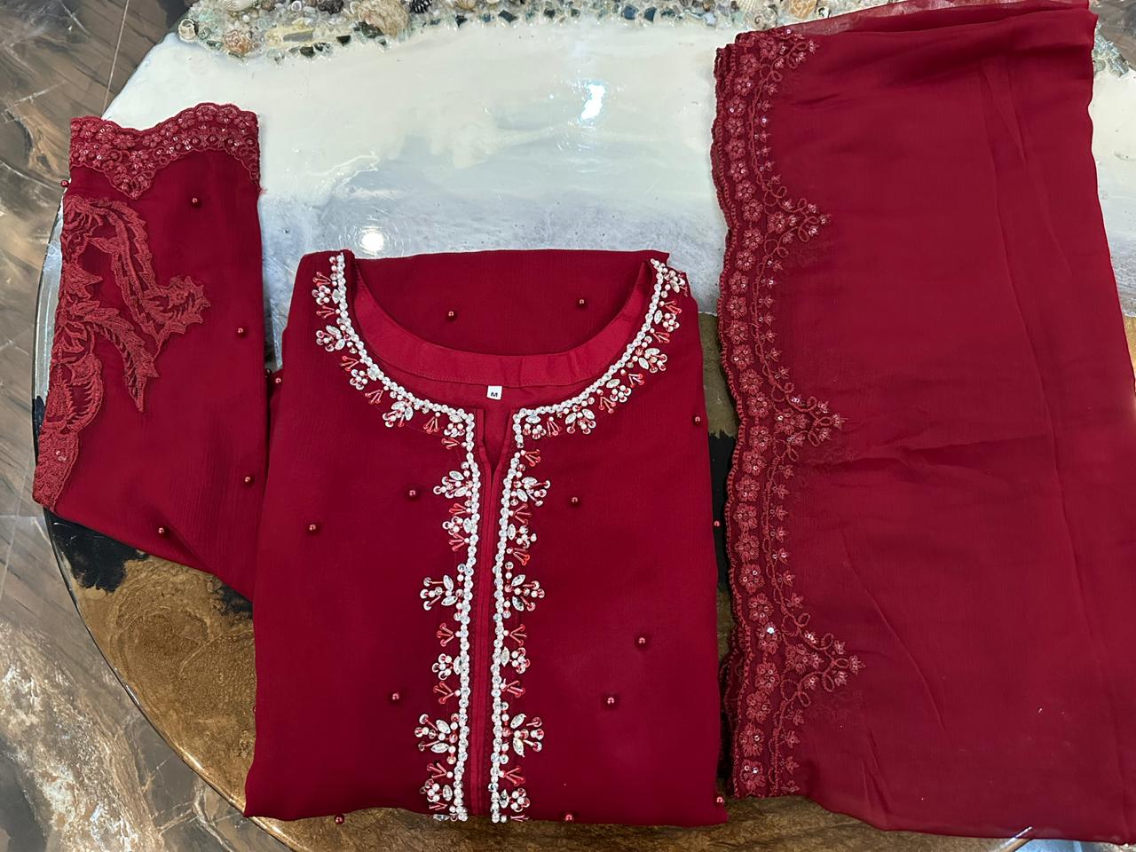 New Pure Chiffon Handwork Neckline Shirt with Embroidered Dupatta 3 Pcs