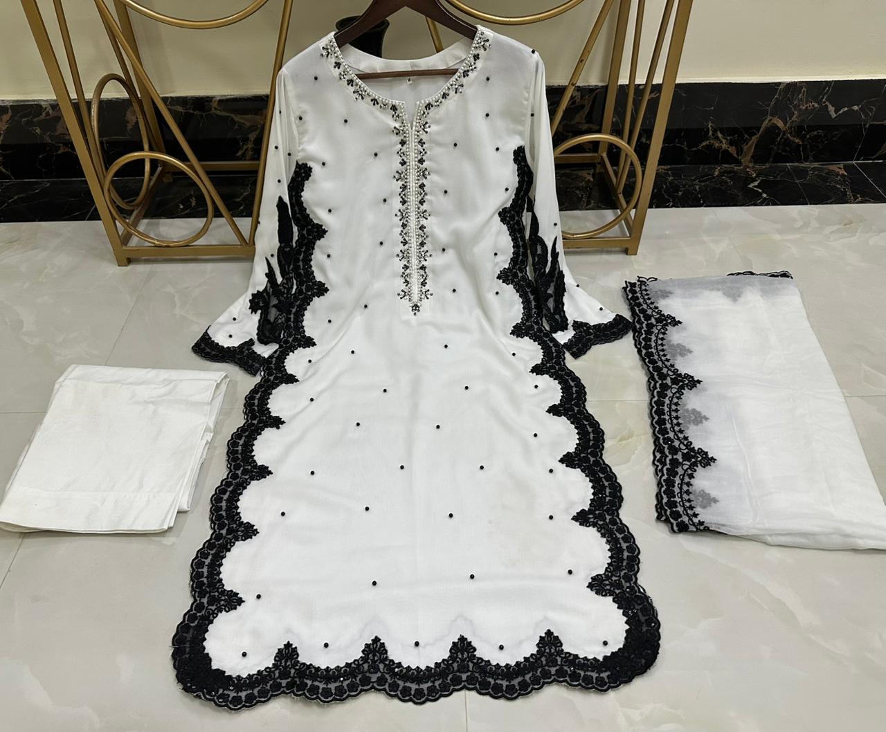 New Pure Chiffon Handwork Neckline Shirt with Embroidered Dupatta 3 Pcs