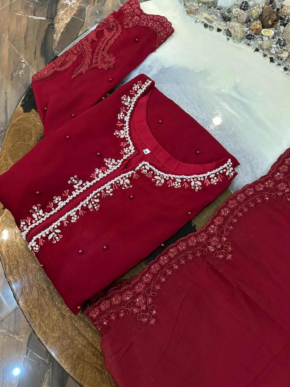 New Pure Chiffon Handwork Neckline Shirt with Embroidered Dupatta 3 Pcs