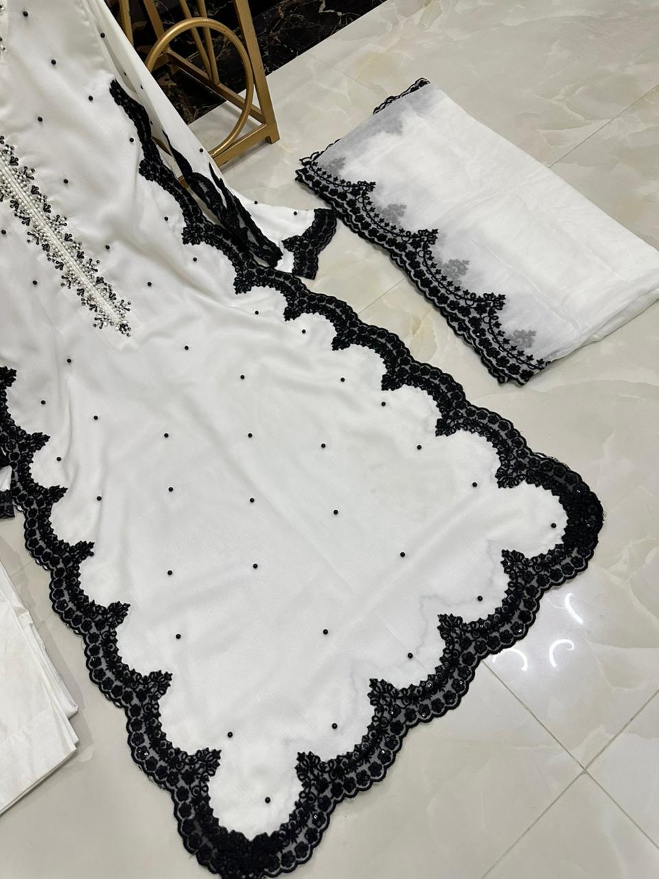 New Pure Chiffon Handwork Neckline Shirt with Embroidered Dupatta 3 Pcs