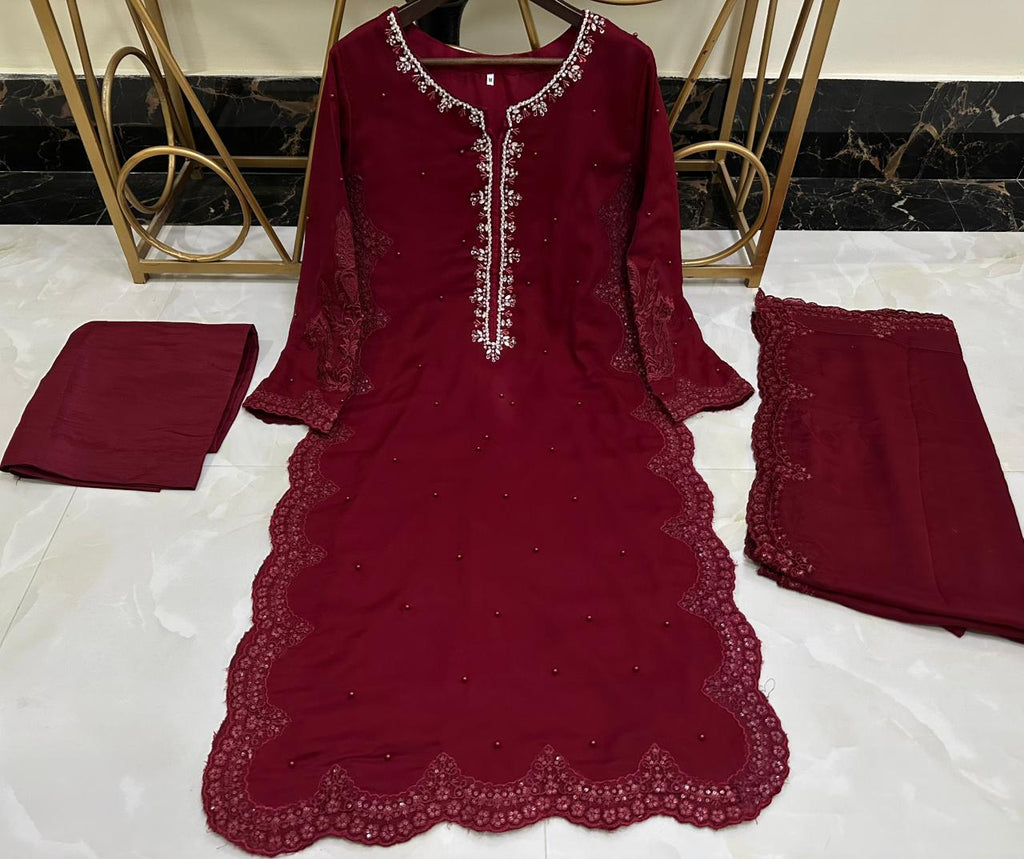 New Pure Chiffon Handwork Neckline Shirt with Embroidered Dupatta 3 Pcs