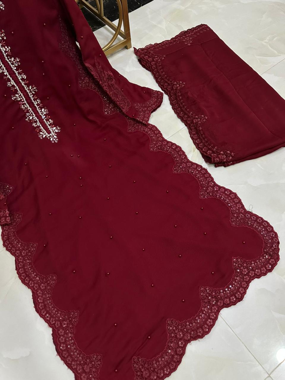 New Pure Chiffon Handwork Neckline Shirt with Embroidered Dupatta 3 Pcs