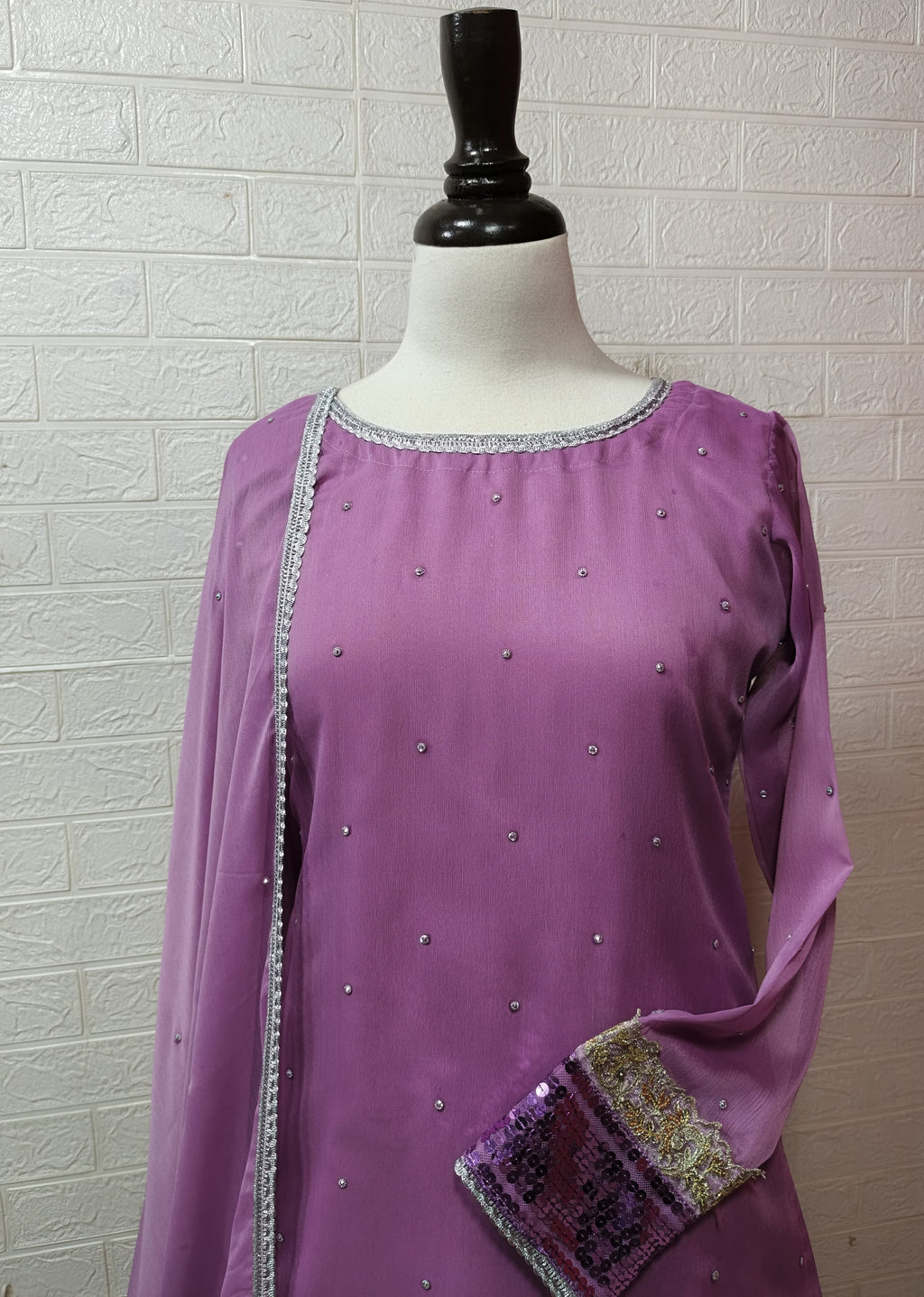 Ready To Wear Lavender Crinkle Chiffon With Premium Silk 3 Pcs