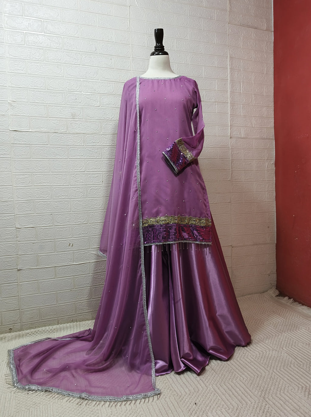 Ready To Wear Lavender Crinkle Chiffon With Premium Silk 3 Pcs