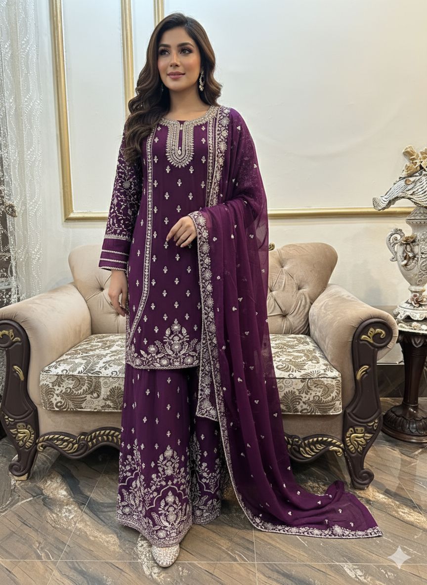 New Pure Chiffon Beautiful Embroidered And Stones Work Shirt Along With Embroidered Plazzo And Embroidered Dupatta