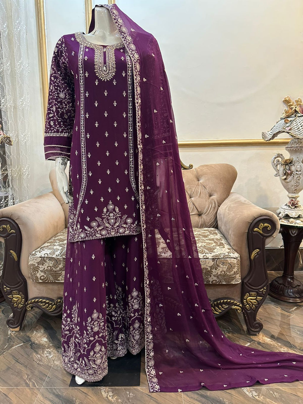 New Pure Chiffon Beautiful Embroidered And Stones Work Shirt Along With Embroidered Plazzo And Embroidered Dupatta
