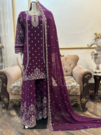 New Pure Chiffon Beautiful Embroidered And Stones Work Shirt Along With Embroidered Plazzo And Embroidered Dupatta