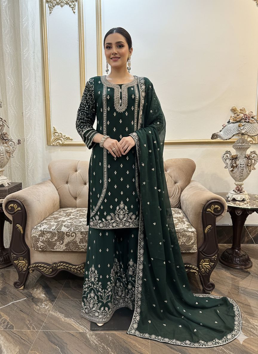 New Pure Chiffon Beautiful Embroidered And Stones Work Shirt Along With Embroidered Plazzo And Embroidered Dupatta