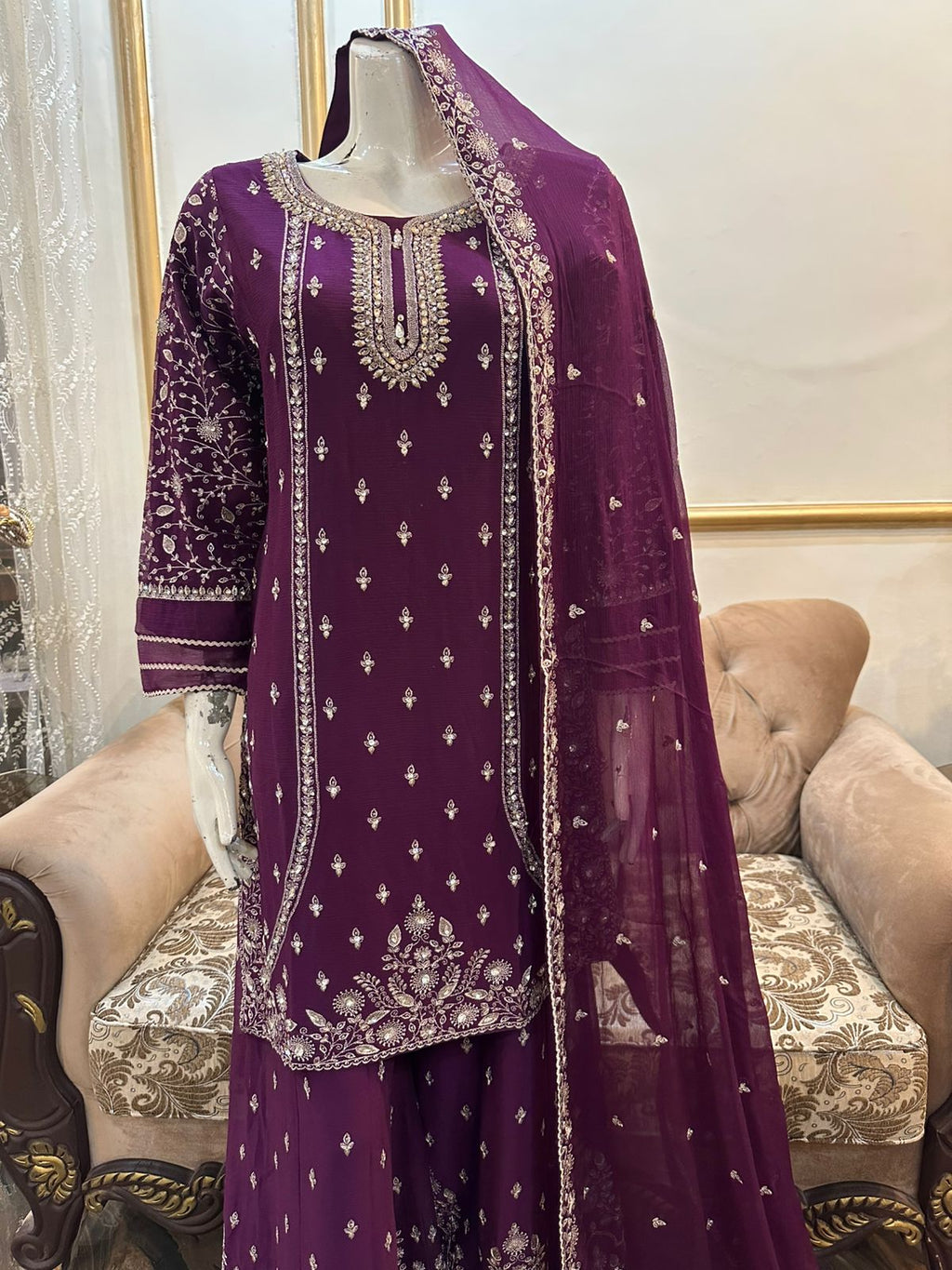 New Pure Chiffon Beautiful Embroidered And Stones Work Shirt Along With Embroidered Plazzo And Embroidered Dupatta